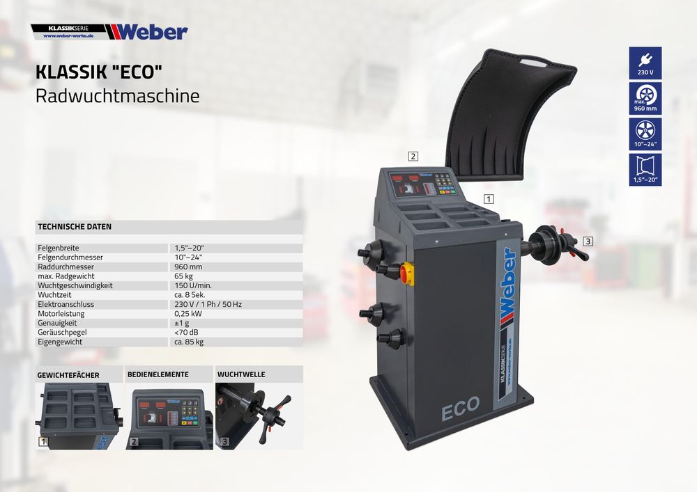 Das Bild zeigt das Hauptbild der Radwuchtmaschine Weber Klassik "Eco", sowie die technischen Daten.