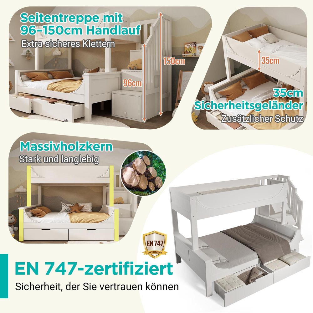 STILVORA Etagenbett 140×200cm mit Leiterschrank,Kindebett Bettgestell mit Rausfallschutz ,Jugendbettmit Lattenrost&Schubladen,ohne Matraze,Weiß