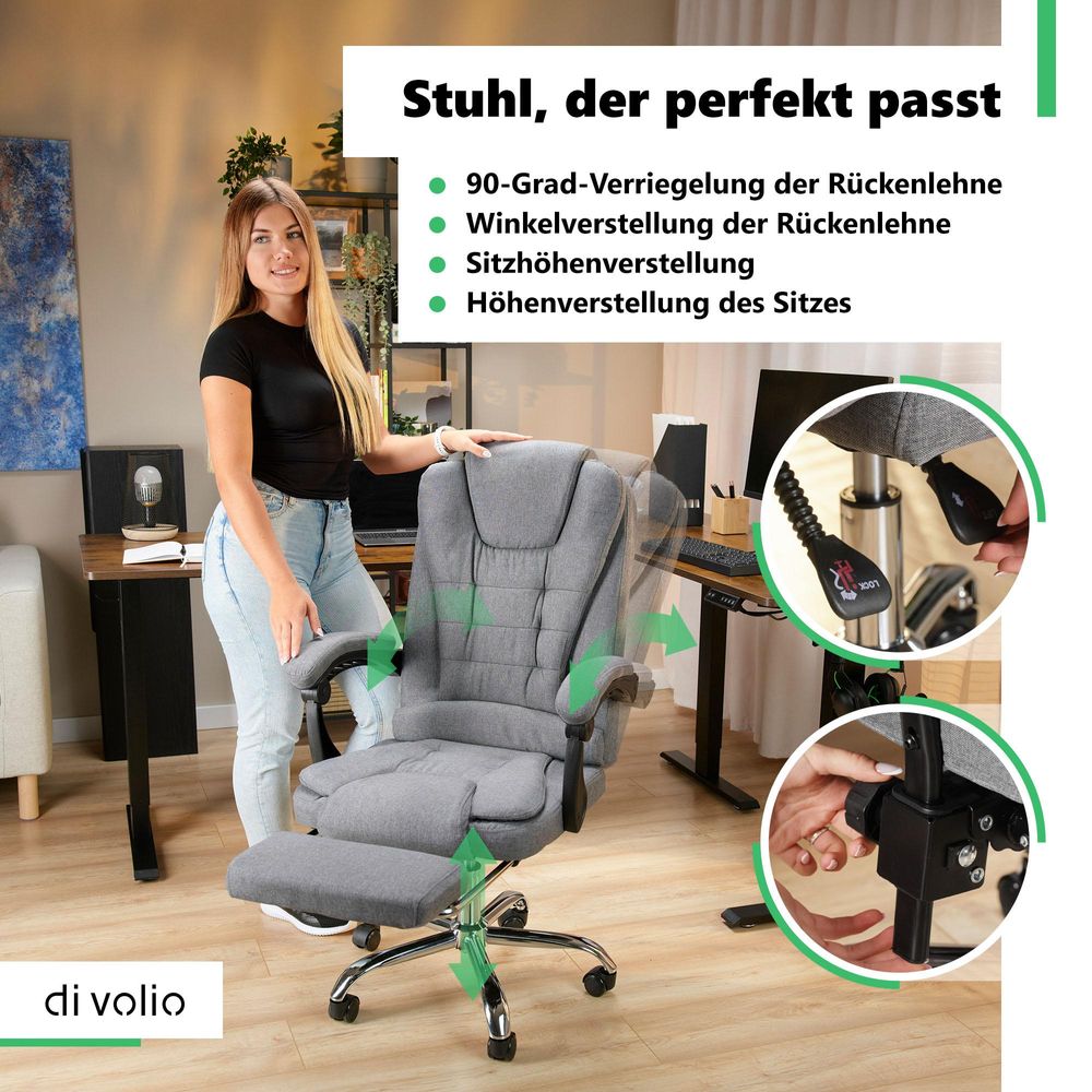 di volio Bürostuhl Baldo, ergonomisch, Dunkelgrau, 150 kg, Sitzhöhenverstellung, Fußstütze, integrierte Kopfstütze, PVC, PP, Stahl, PU, Stoff, DV-088OC