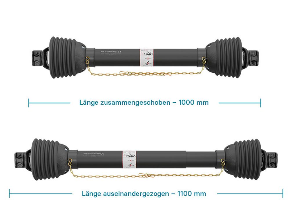 Zapfwelle T8 Gelenkwelle 1000-1100mm 1240Nm 540U/min, PTO-Shaft, 110kW (150PS), 2x 1 3/8" 6 Zähne