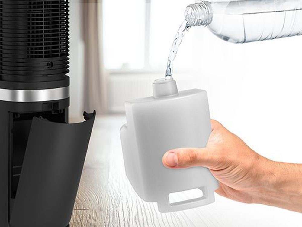 Balter 5-in-1 Ventilator mit Wasserkühlung, Turmventilator, Fernbedienung, Oszillation, 55 Watt, Luftkühler, Luftreiniger, Luftbefeuchter, sehr leise