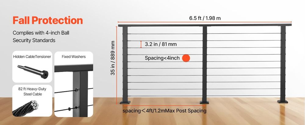VEVOR 198 cm Komplettes Kabelgeländer-Kit mit Pfosten, 89 cm Hohe Matt Schwarz Edelstahl Handlauf Zuschneidbar für Außen-/Innentreppen, Mit Löchern gebohrte Geländerpfosten-System für Treppen, Terrasse, Balkon, Geländer Set-1 Stk