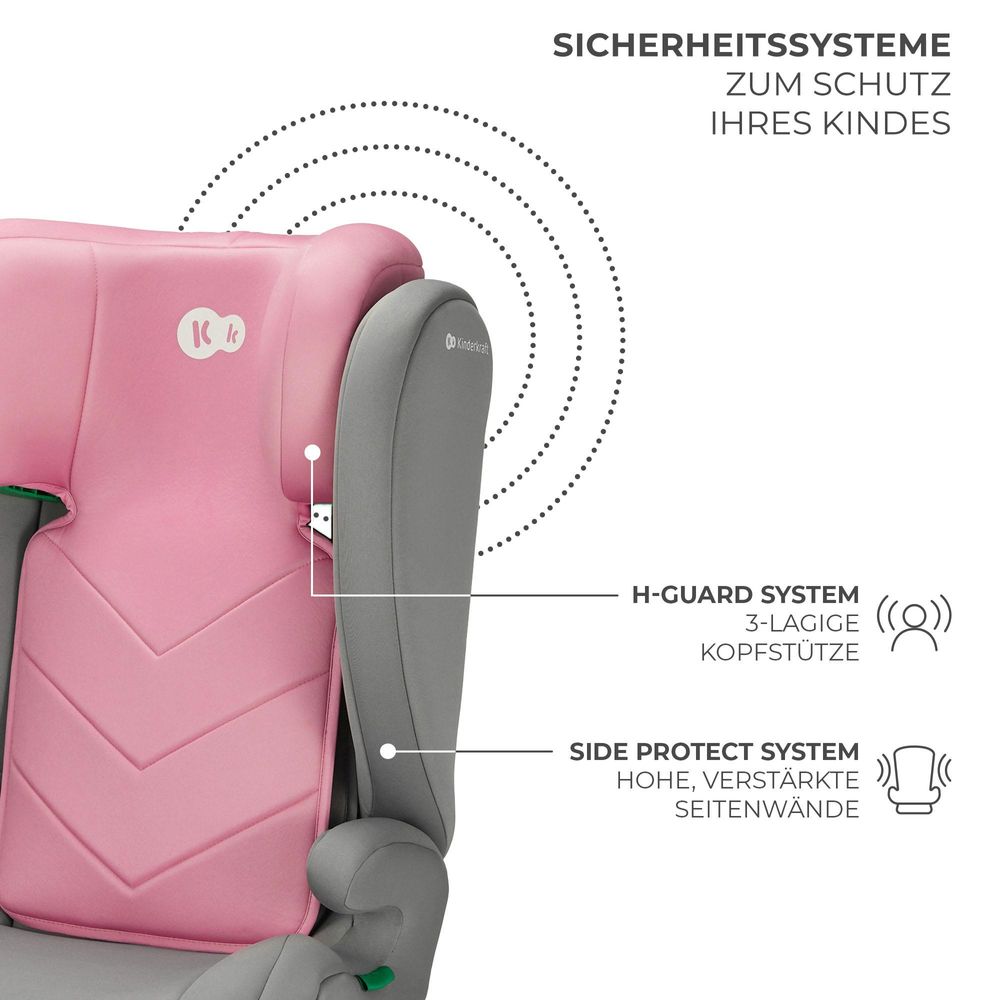 Kinderkraft I-SPARK 2in1 Kindersitz 100-150 cm (3,5-12 Jahre) - i-Size Standard - Leicht - H-GUARD Kopfstütze - SPS Seitenaufprallschutz - Rosa