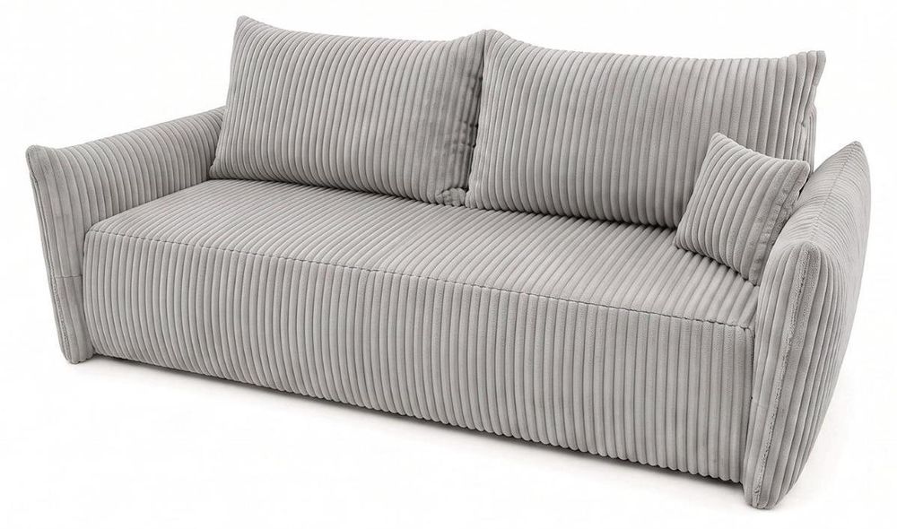 Sofa MELIO mit Schlaffunktion und Bettkasten – modernes Schlafsofa aus Cord für Wohnzimmer und Gästezimmer, bequemes 3-Sitzer Bettsofa, Hellgrau, Grau