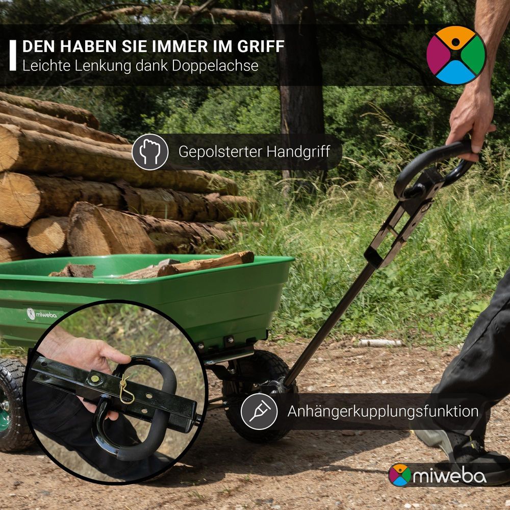 Miweba Bollerwagen Dumper | Transportwagen mit Kippfunktion - Handkarre - Schubkarre - Gerätewagen mit Kippverriegelung - bis 300 kg belastbar (Grün)