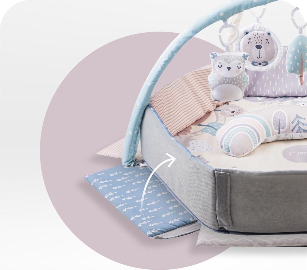 MoMi PASTEL Lernmatte Baby Matte - 5 Spielzeuge mit 30 sensorischen Bällen, 2 Spielzeugstangen, Sensorische Aktivitätsmatte