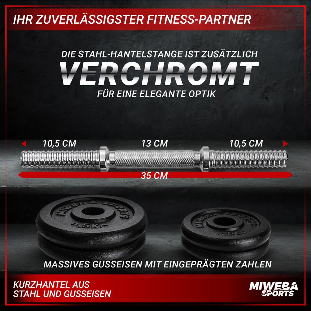 Miweba Sports Kurzhantel MKH110 | inkl. 7,5 kg Gusseisen Gewichte - Stahl Hantelstange - 2x Sternverschluss - 2x 1,25 kg - 2x 2,5 kg - Einzelhantel