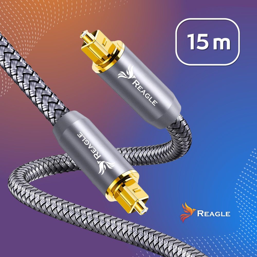 Toslink Glasfaser Audiokabel 15 Meter S PDIF Lichtleiterkabel für HiFi Receiver Verstärker Konsole 24K Vergoldete Stecker Störungsfreier Sound Reagle