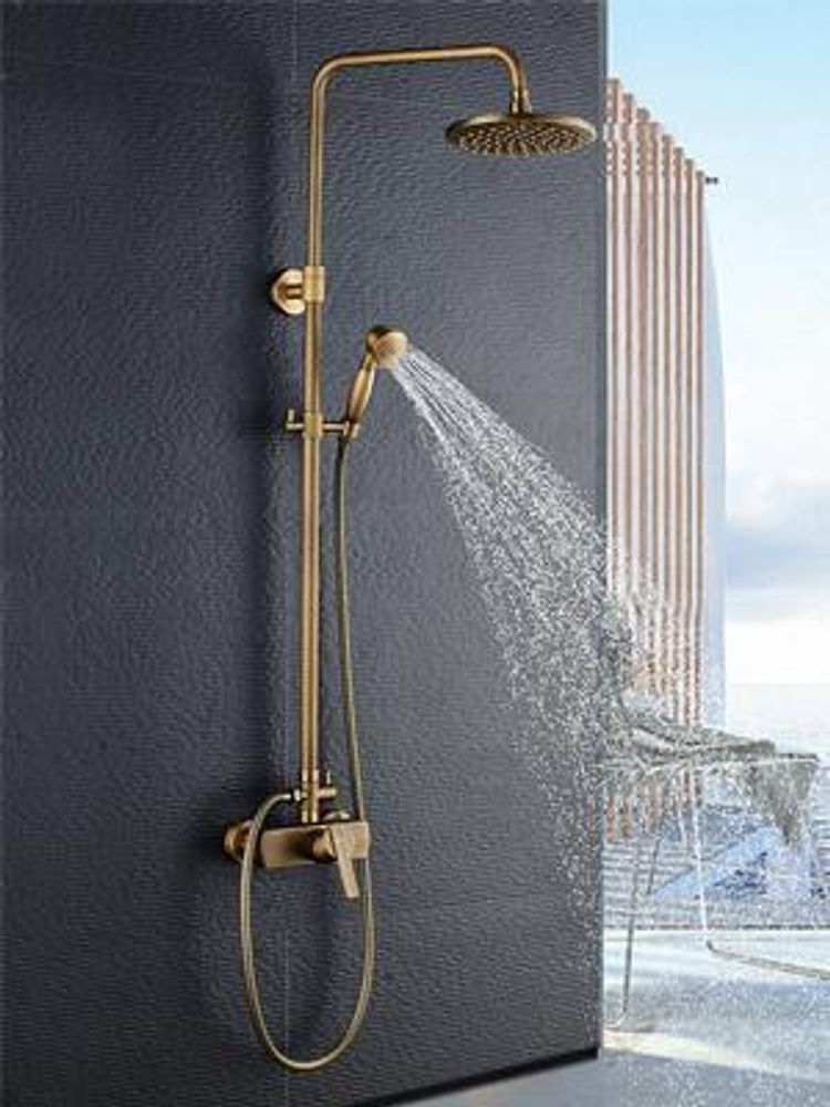 Auralum Duschsystem Retro Messing gebürstet Duschset, Duschsäule mit verstellbarer Stange, Duschsystem mit Griffschalter