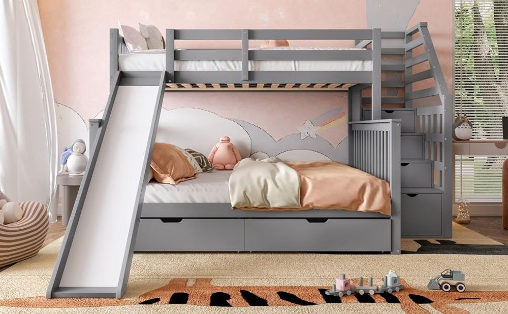 Merax Etagenbett 90x200/140x200cm mit Rausfallschutz und Stauraumtreppe, Kinderbett mit Rutsche, Hochbett mit 2 Schubladen, Massivholz Stockbett, Grau