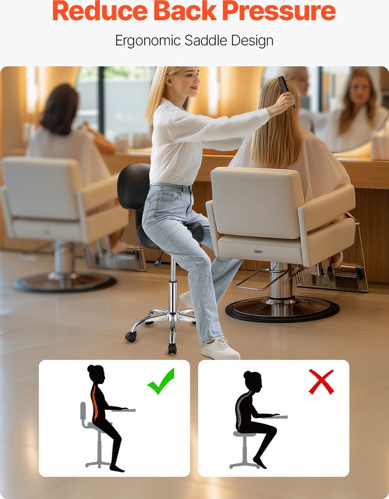 VEVOR Sattelhocker, Rollhocker, Tragkraft 204 kg, höhenverstellbar (84 – 100 cm), mit Rückenlehne, ergonomisch, Kunstleder, für Salons, Spas, Massagekliniken