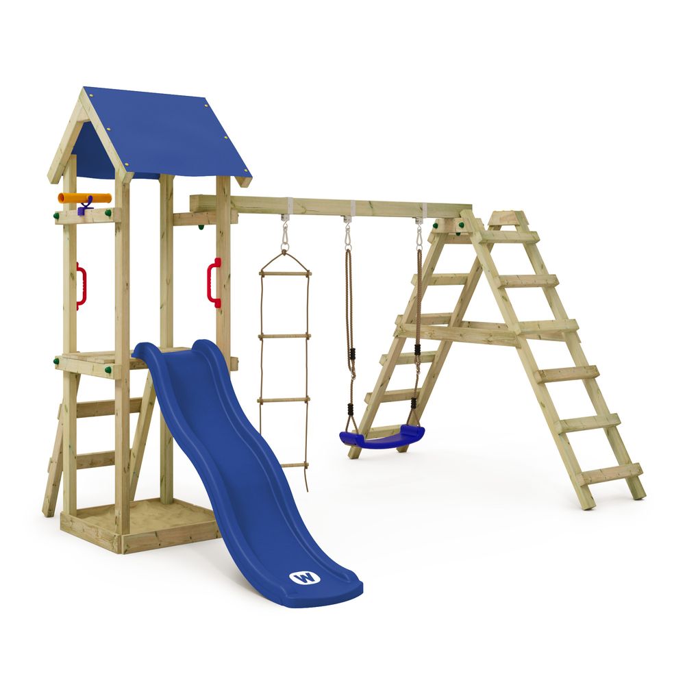 Spielturm Wickey TinyLoft mit Schaukel und Kletteranbau in Blau