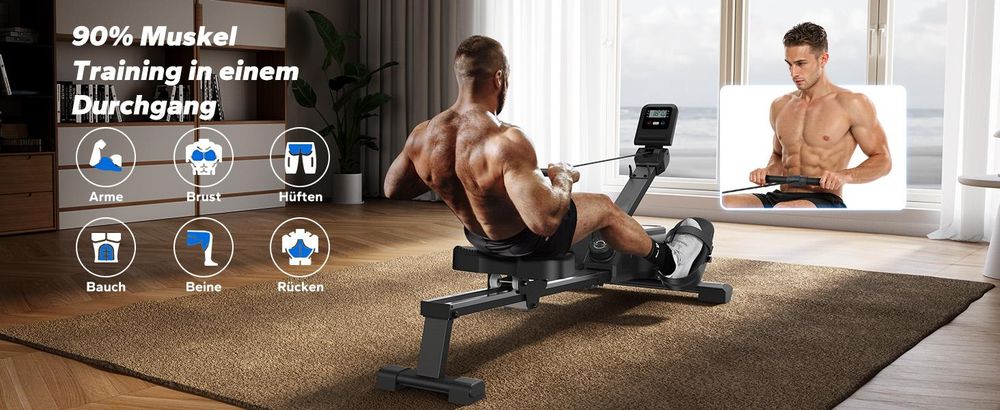 Magnetisches Rudergerät im Hai-Design – 16 Stufen, LCD & Bluetooth, extra leises Bremssystem, interaktive App & Kinomap-Kompatibilität, klappbar