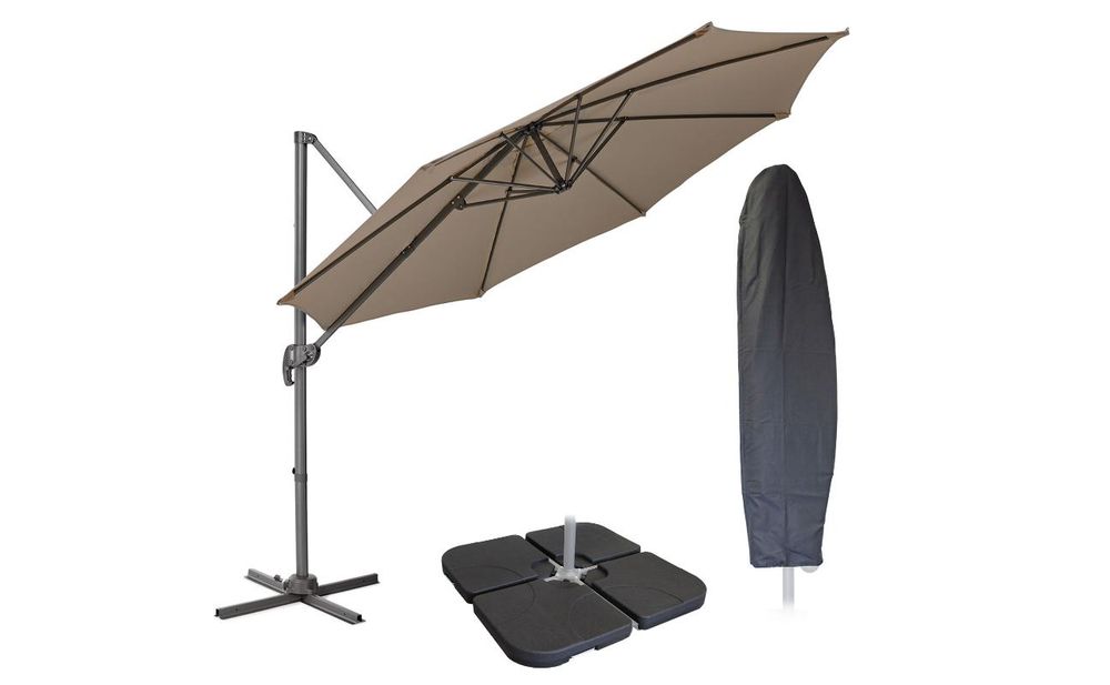 Sonnenschirm mit Abdeckhaube und Sonnenschirmständer