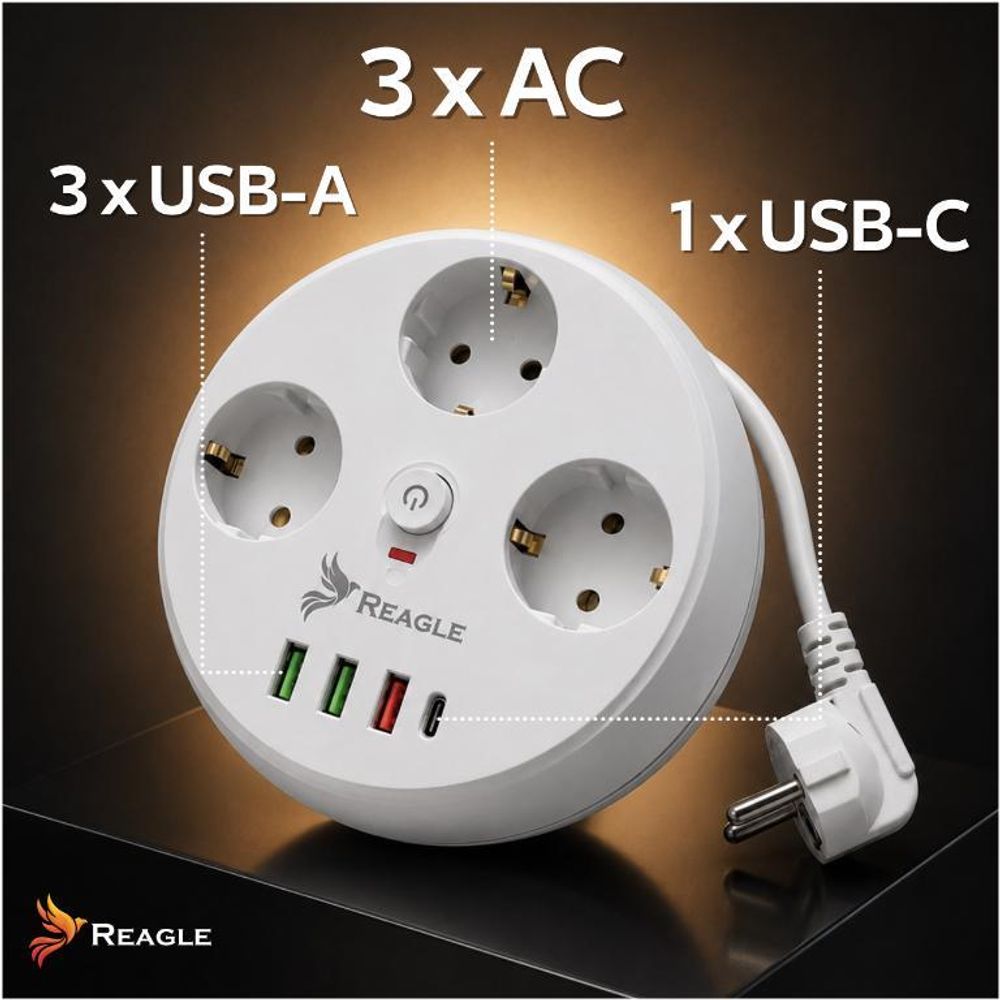 Reagle Runde Steckdosenleiste aufrollbar 2m, Mehrfachsteckdose mit 3x Steckdosen & 4x USB (3x USB-A, 1x USB-C), Verlängerungskabel 2500W
