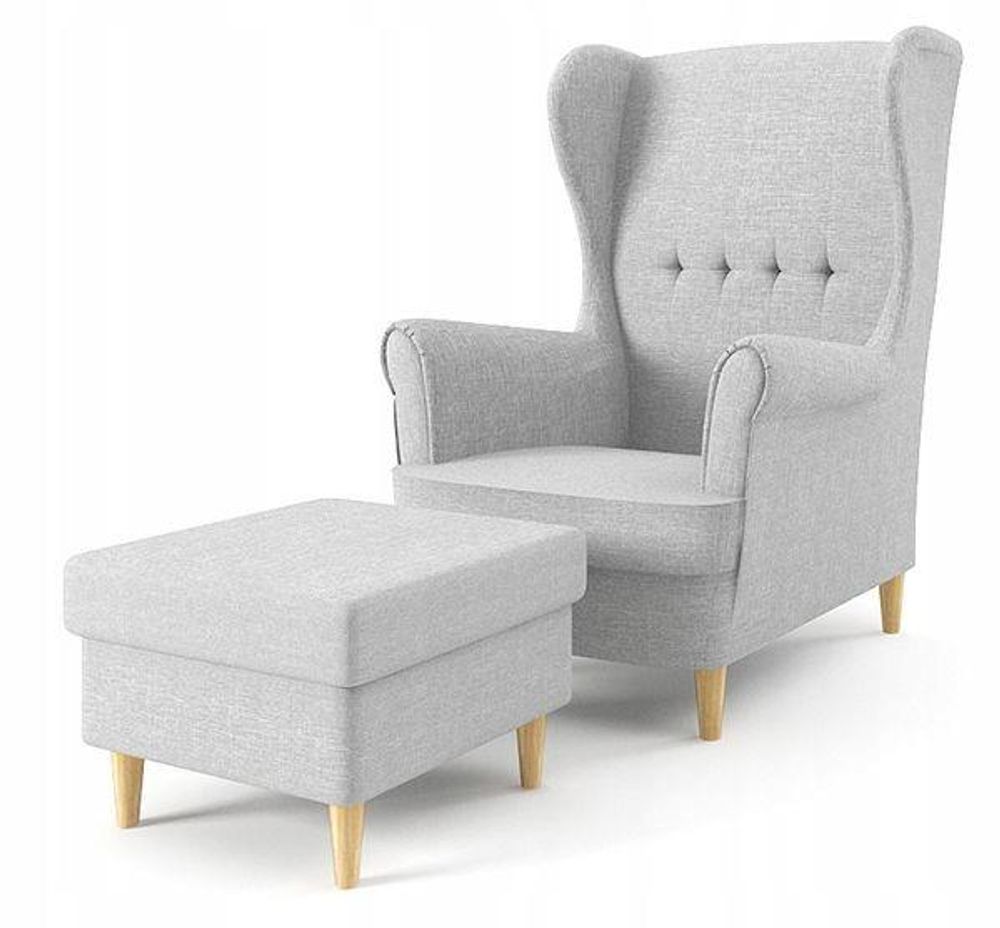 Ohrensessel Milo mit Hocker - Farben zur Auswahl -Sessel für Wohnzimmer & Esszimmer Skandinavisch - Relax Sessel aus Webstoff - FARBE: HELLGRAU
