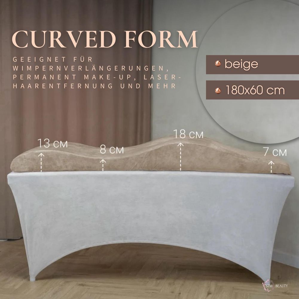 Wellen-Matratze (curved lash bed topper) mit Memory-Schaum und velours Bezug | Für Wimpernverlängerung, PMU & Kosmetikbehandlungen | 180x60 cm, beige