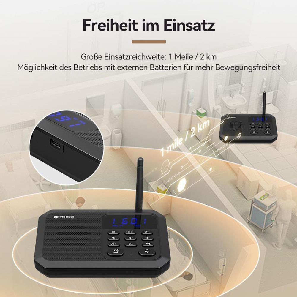 Retekess TH201 Gegensprechanlage, Drahtlose Gegensprechanlagen Für Zuhause, Reichweite 2 km, Bis Zu 99 Nebenstellen, 8-Stufige Lautstärkeregelung