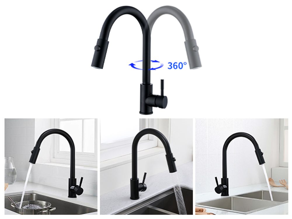 Wasserhahn Küche Schwarz Hochdruck Küchenarmatur Ausziehbar 360° Drehbar, Mischbatterie Küche Wasserhahn Ausziehbar mit 2 Modus, Armatur Küche Schwarz Wasserhahn Edelstahl Hochdruck, Schwarz