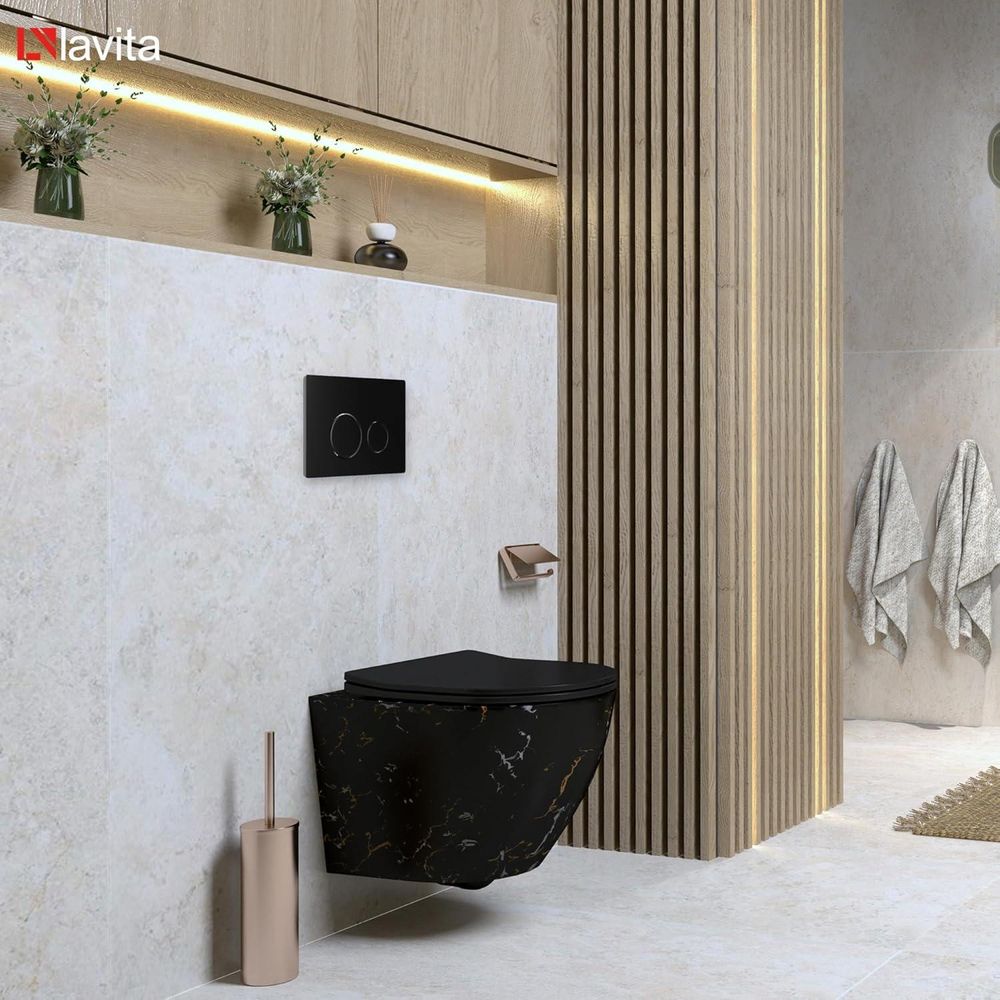 Lavita LAV 101 Vorwandelement für WC 40cm + Wand Hänge Tiefspül WC SOFI SLIM FIRE Schwarz Spülrandlos + Bedienplatte LAV 200.4.4 Schwarz | Komplettset | Unterputz Spülkasten | Toilette Komplett Sett