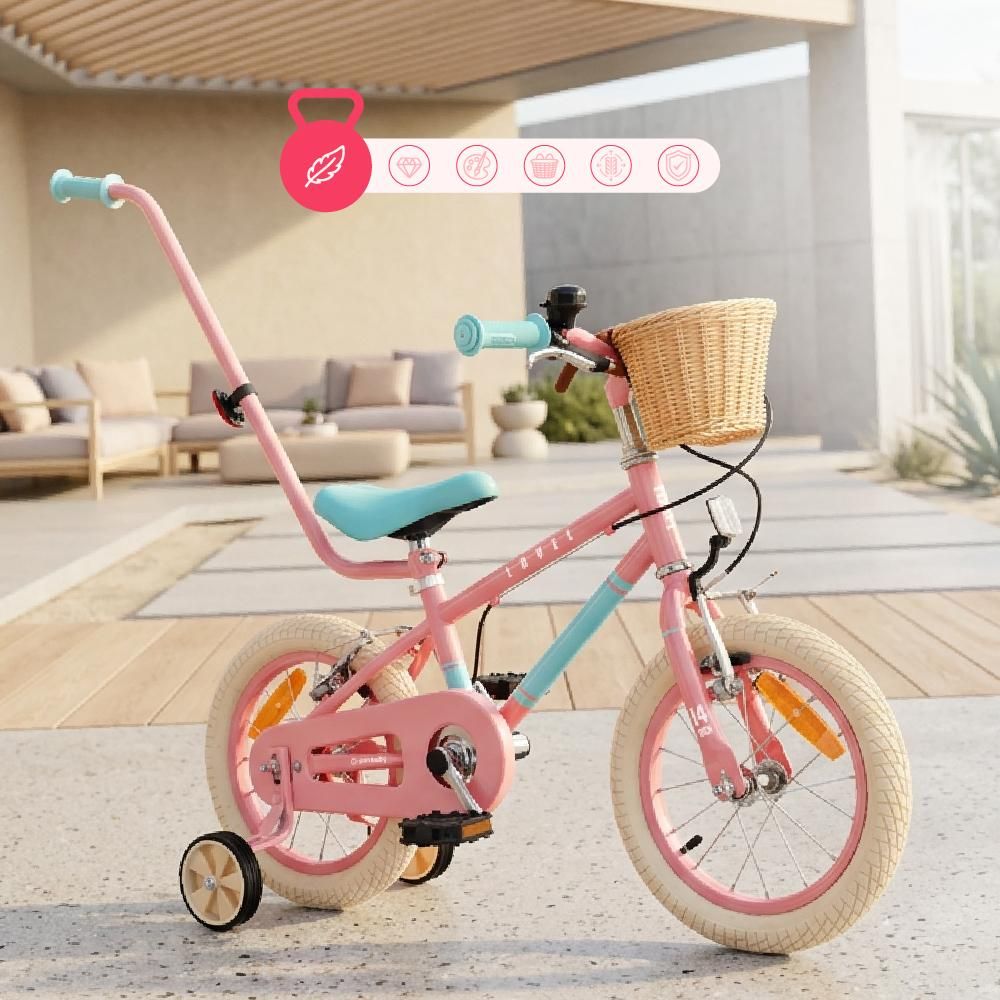 Bicicleta infantil lista para paseos en exteriores con barra y ruedines