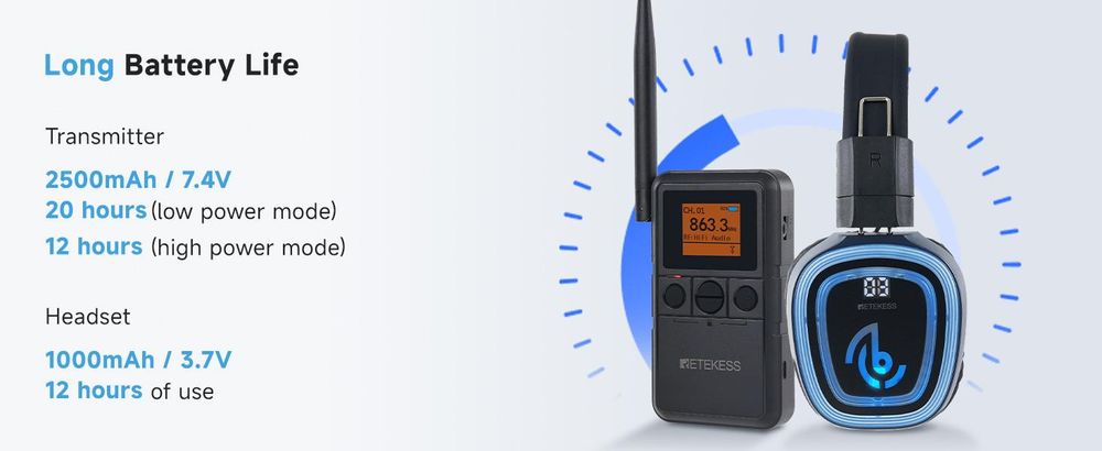 Retekess TA003P-TA004S – systém sluchátek pro tichou diskotéku, bezdrátový, zvuk v hi-fi kvalitě, 3kanálové LED, výdrž 12 hodin, stabilní uchycení, zvýraznění basů, vhodné pro fitness, jógu a večírky