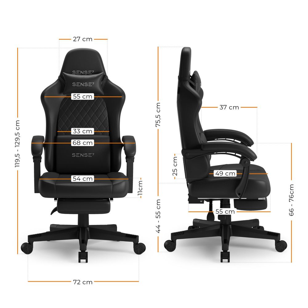SENSE7 Devon Gaming Stuhl Kunstleder Schwarz - Ergonomischer Bürostuhl mit Fußstütze PC Schreibtischstuhl Zockerstuhl Leder 120 kg