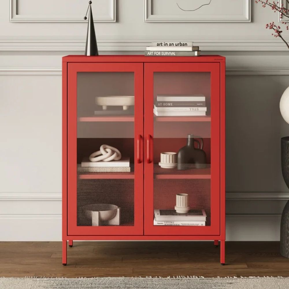 Jan Nowak kleiner Vitrinenschrank Kommode mit 2 Glastüren Gina 2 verstellbare Einlegeböden Standschrank aus Metall, 80 x 101,5 x 40 cm, Rot