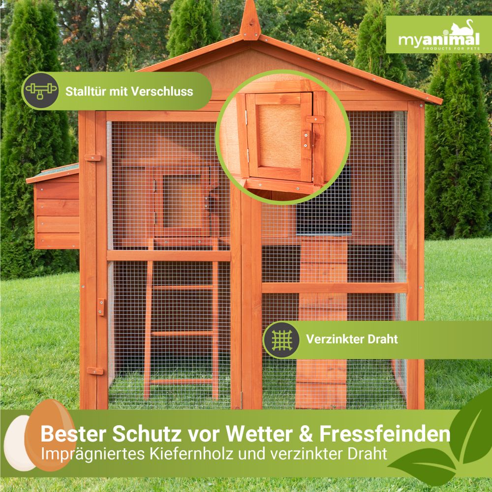 MyAnimal XXL Hühnerstall MH-15 | Bis zu 7 Hühner - Aufklappbarer Nistkasten - Auslauf - Zwei Etagen - Hühnergehege - Freigehege - Sitzstange (Braun)