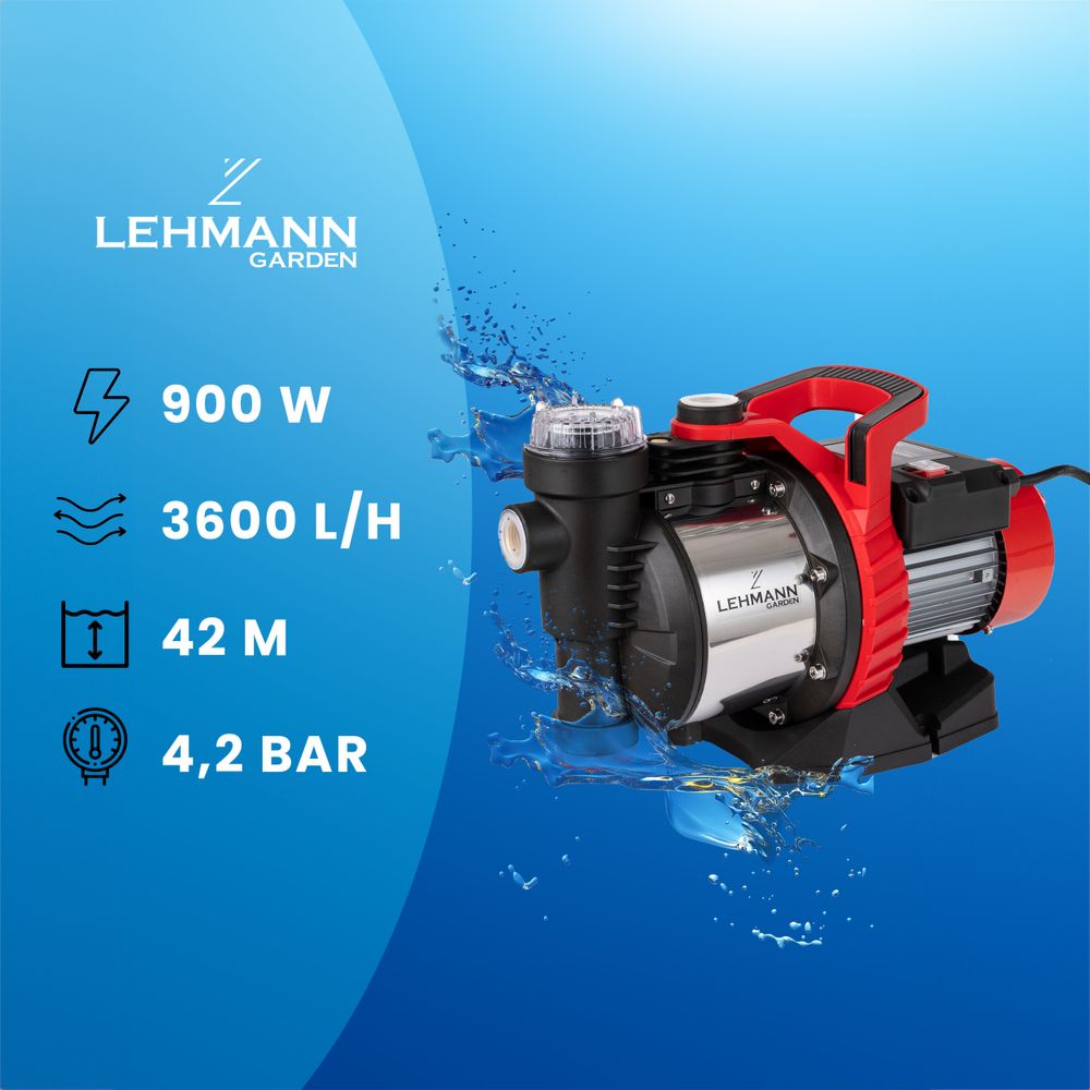 Lehmann Garten Pumpe 900 W, 3600 l/h, 4,2 bar, Max. Ansaugtiefe 8 m, Max. Entladehöhe 42 m, Kabellänge 1 m