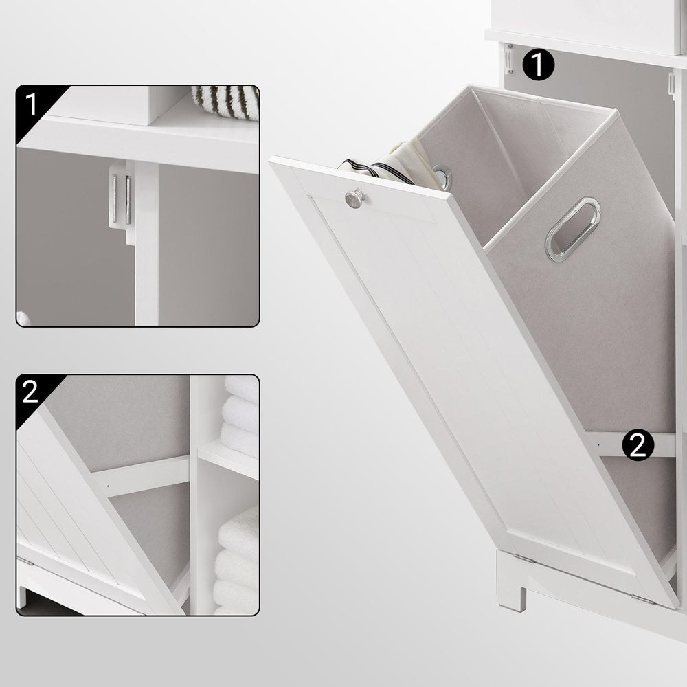 SoBuy Badezimmerschrank mit Wäschekorb Schmaler Badschrank Hoch Badregal Stehend mit 6 Ablagen & 2 Schubladen Wäscheschrank Schmal für Nische BZR104-W