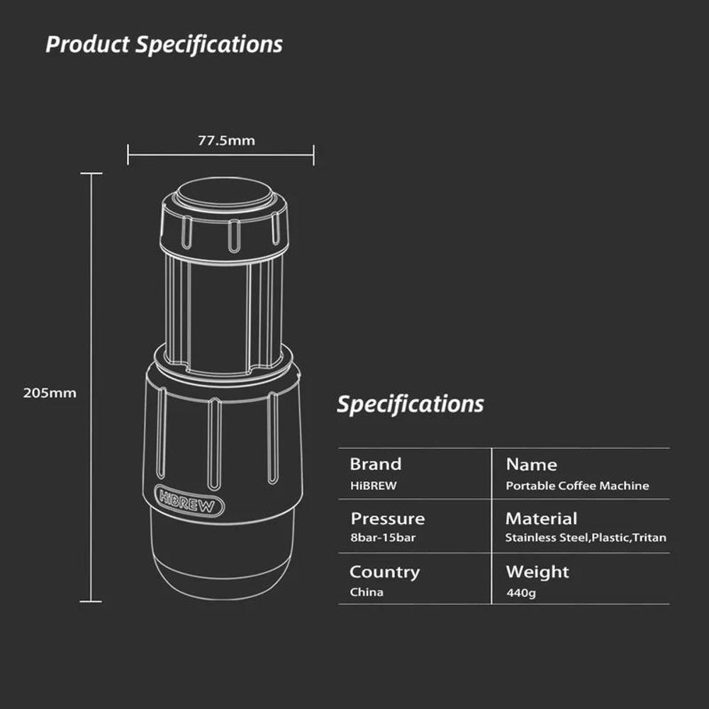 HiBREW H4D 2-in-1 Tragbare Espressomaschine für Kapseln & Kaffeepulver, 8–15 Bar Handpumpe, 80ml Wassertank, inkl. 160ml Tritan-Tasse, Manuelle Reise-