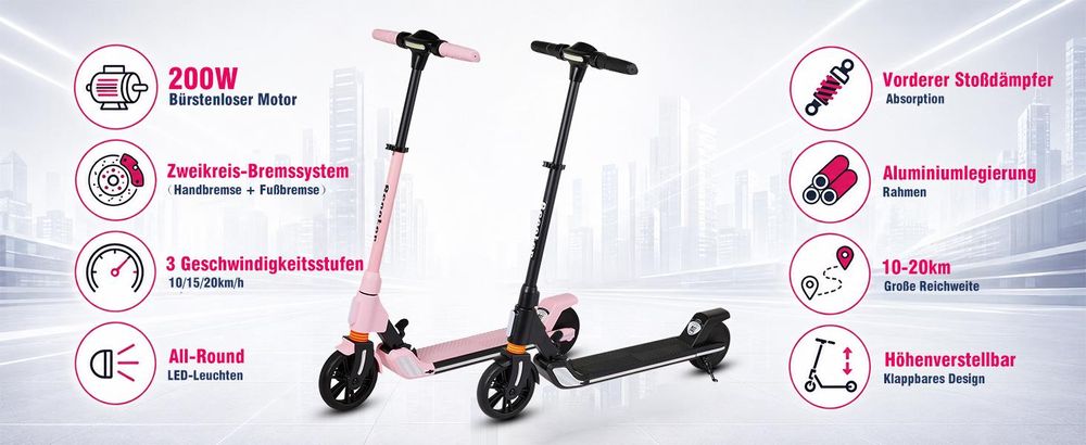 Elektroroller Für Kinder Und Jugendliche Mit 200W, 10-20km Reichweite, Höhenverstellbar, LED-Beleuchtung, Faltbar E-Scooter, Elektroscooter Schwarz