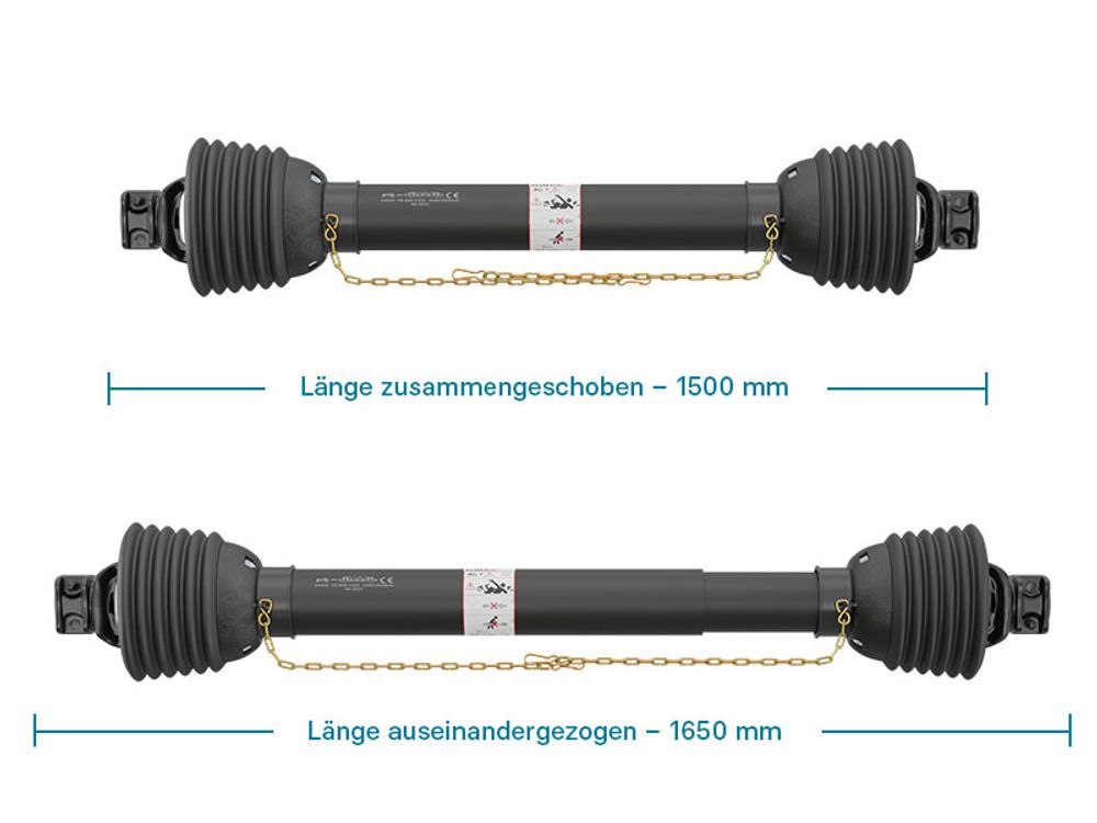 Zapfwelle T8 Gelenkwelle 1500-1650mm 1240Nm 540U/min, PTO-Shaft, 110kW (150PS), 2x 1 3/8" 6 Zähne