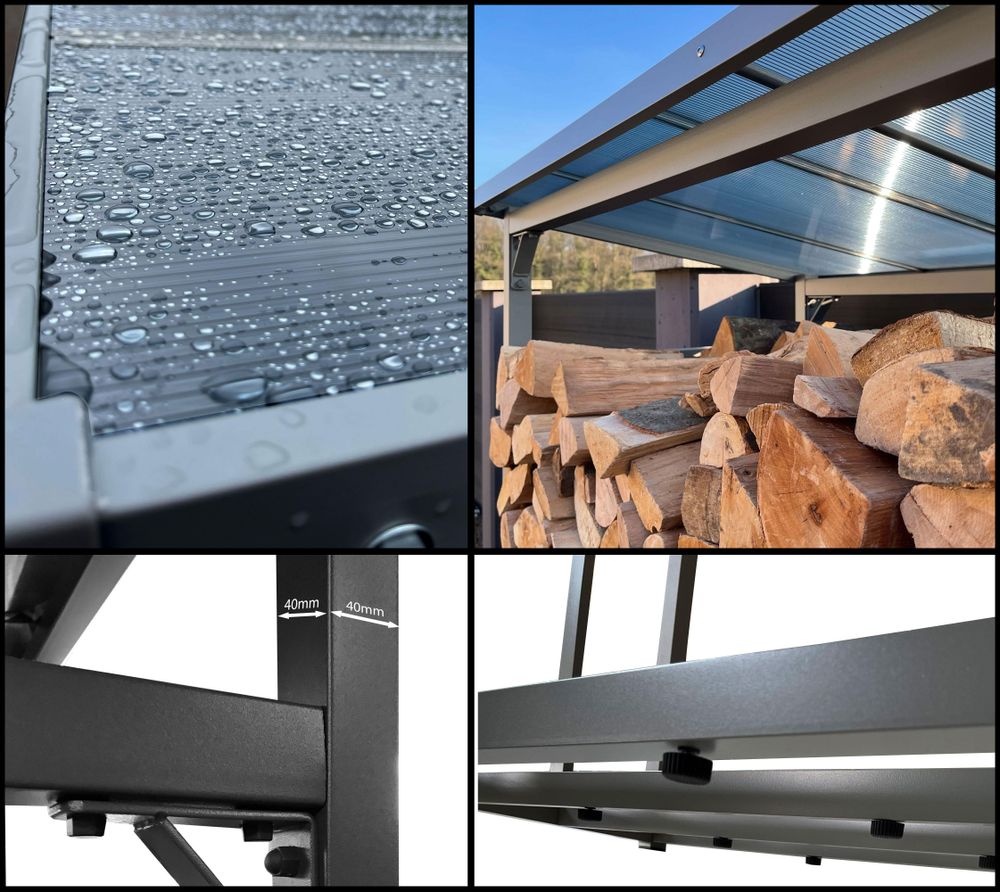 Modernes Kaminholzregal mit transparentem 6 mm Polycarbonat-Dach, stabilem Metallrahmen