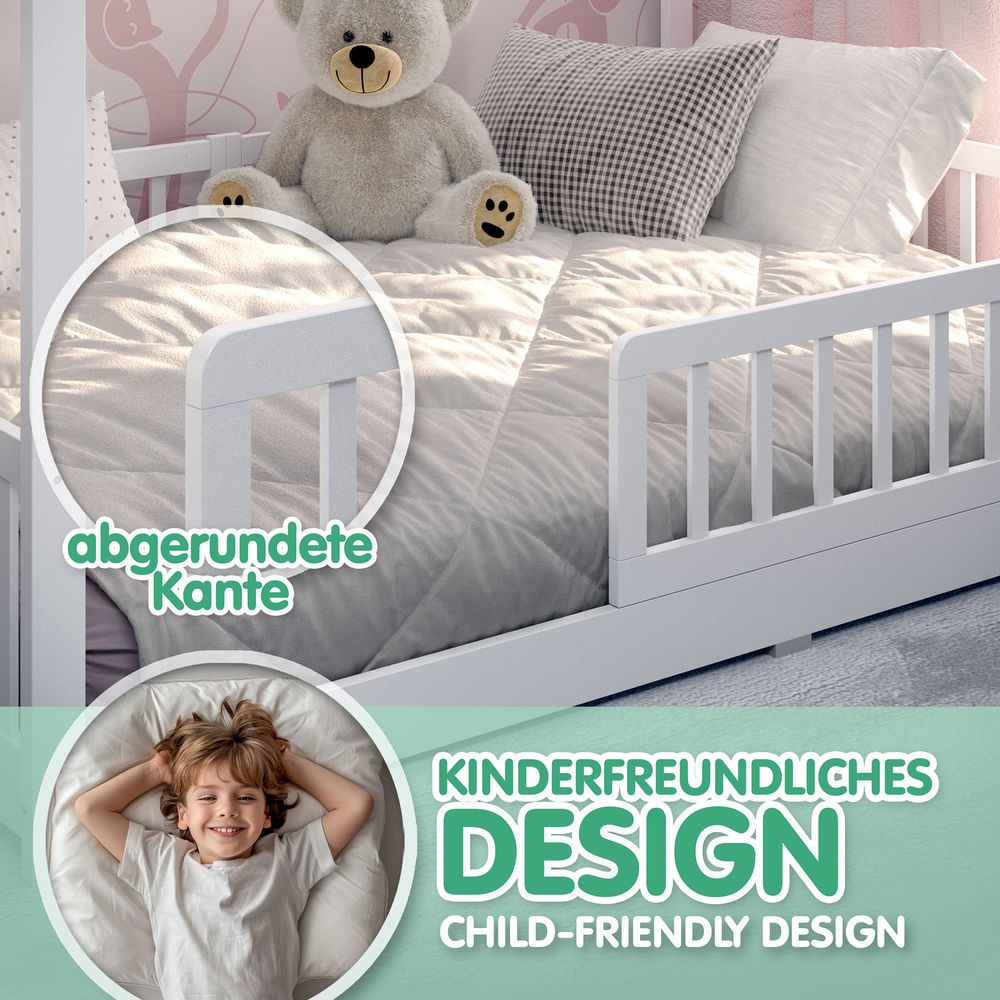CADANI Malte Hausbett 140x200 cm Bodenbett, Rausfallschutz abnehmbar, bis 200 kg belastbar, Montessori Kinderbett weiß, Kiefer Massivholz