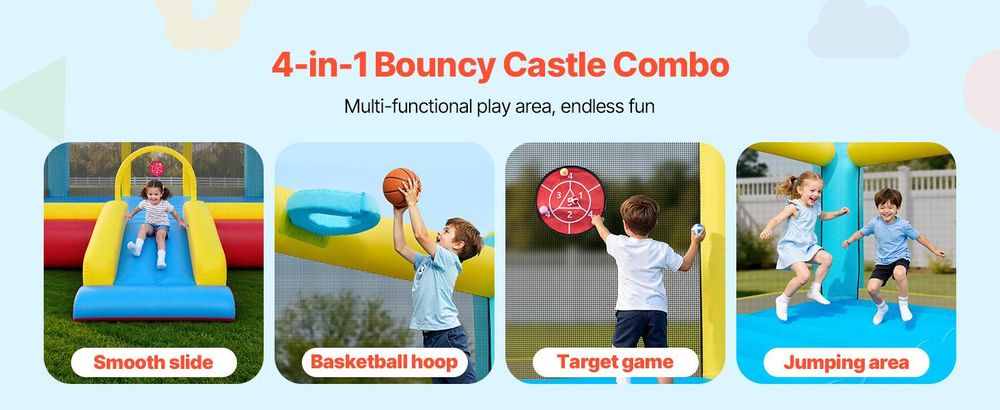 VEVOR Aufblasbares Hüpfhaus, 14,7 x 13,8 x 6,8 ft Springendes Hüpfburg, Aufblasbarer Springer für Kinder mit Rutsche, Basketballkorb, Zielspiel & Sprungbereich, Hüpfhaus für 3-4 Kinder (Alter 3-8), 20 ㎡, Trampolin
