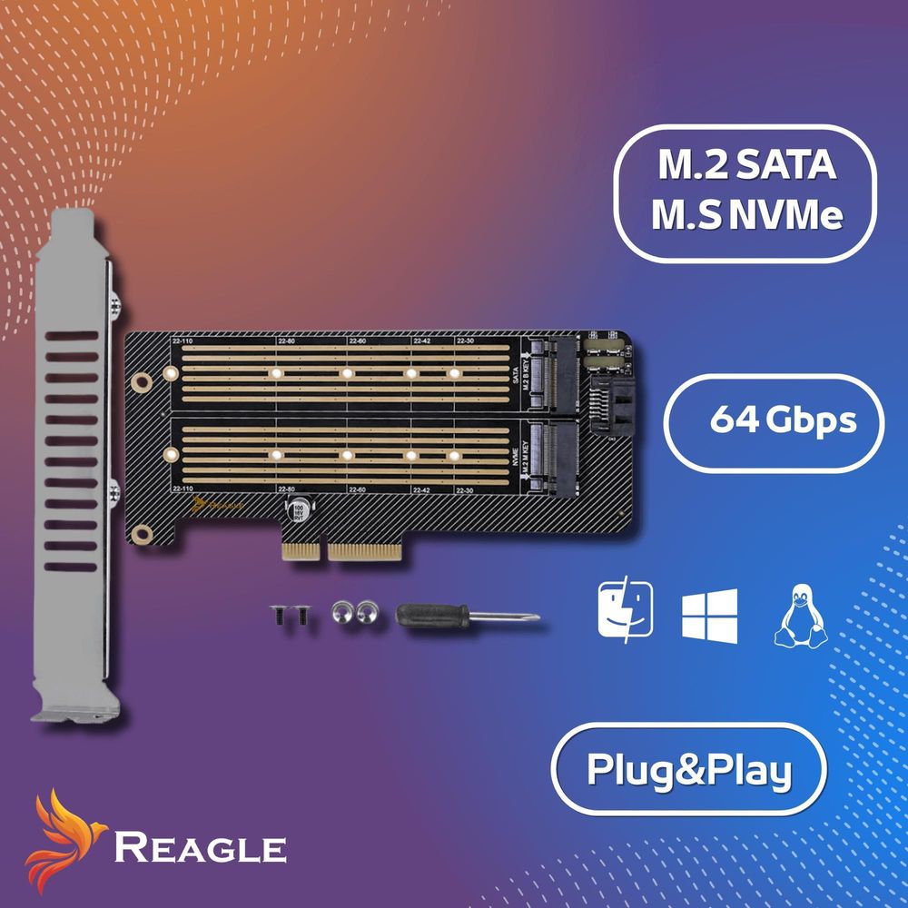 M.2 NVMe SATA SSD PCIe Erweiterungskarte Adapter 2in1 64Gbps für 2 Laufwerke gleichzeitig PCIe 4.0 Unterstützung 22110 2280 Windows Mac Linux Reagle