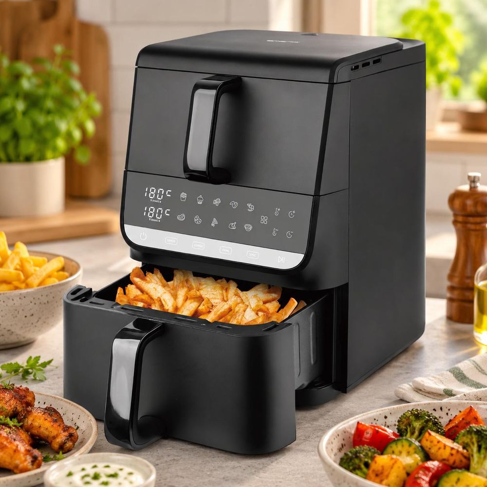 Emerio Dual-Zone Heißluftfritteuse mit 2 unterschiedlich großen Garkörben und digitalem Bedienfeld.