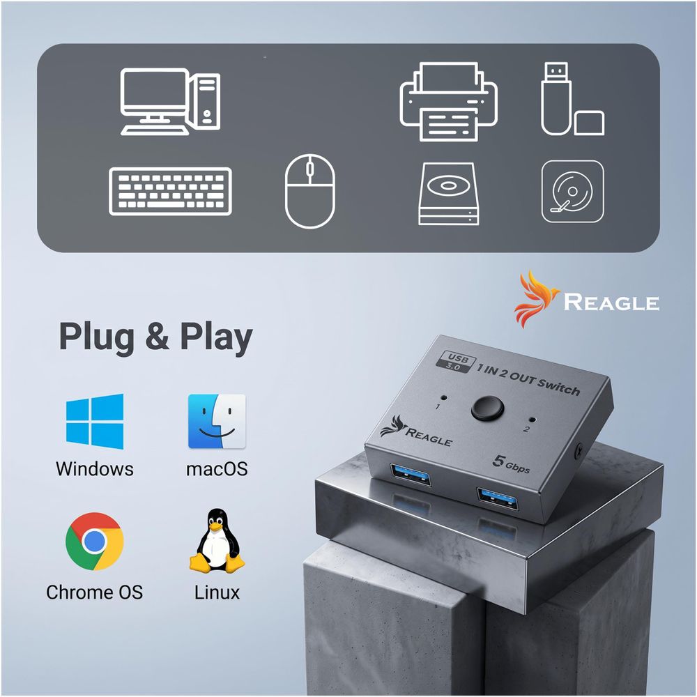 Reagle USB 3.0 Switch Bidirektional 1x2 2x1 Umschalter für 2 Computer auf 1 Gerät oder umgekehrt 5Gbps Datenübertragung Aluminium Gehäuse Plug Play