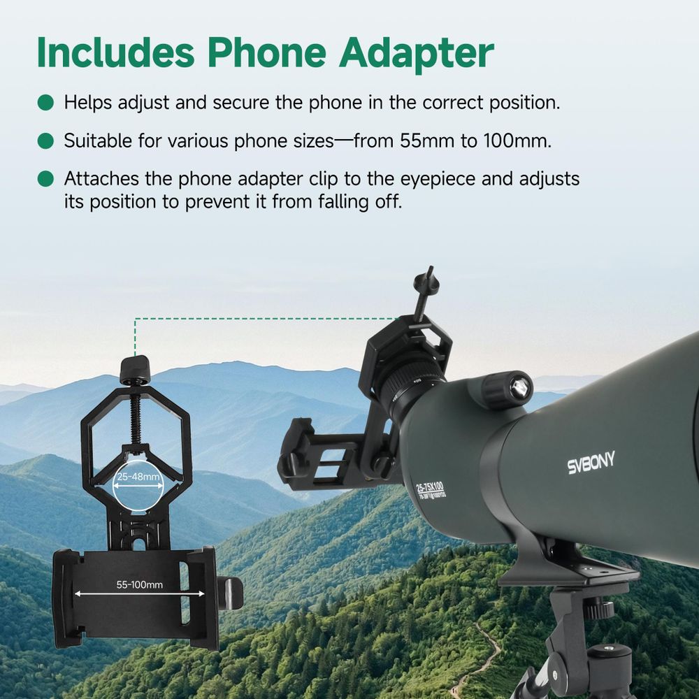 Svbony SV28 25-75x100mm Cannocchiale, ampio campo visivo, HD BAK4 Porro prism FMC, cannocchiale con adattatore per cellulare e custodia per treppiede