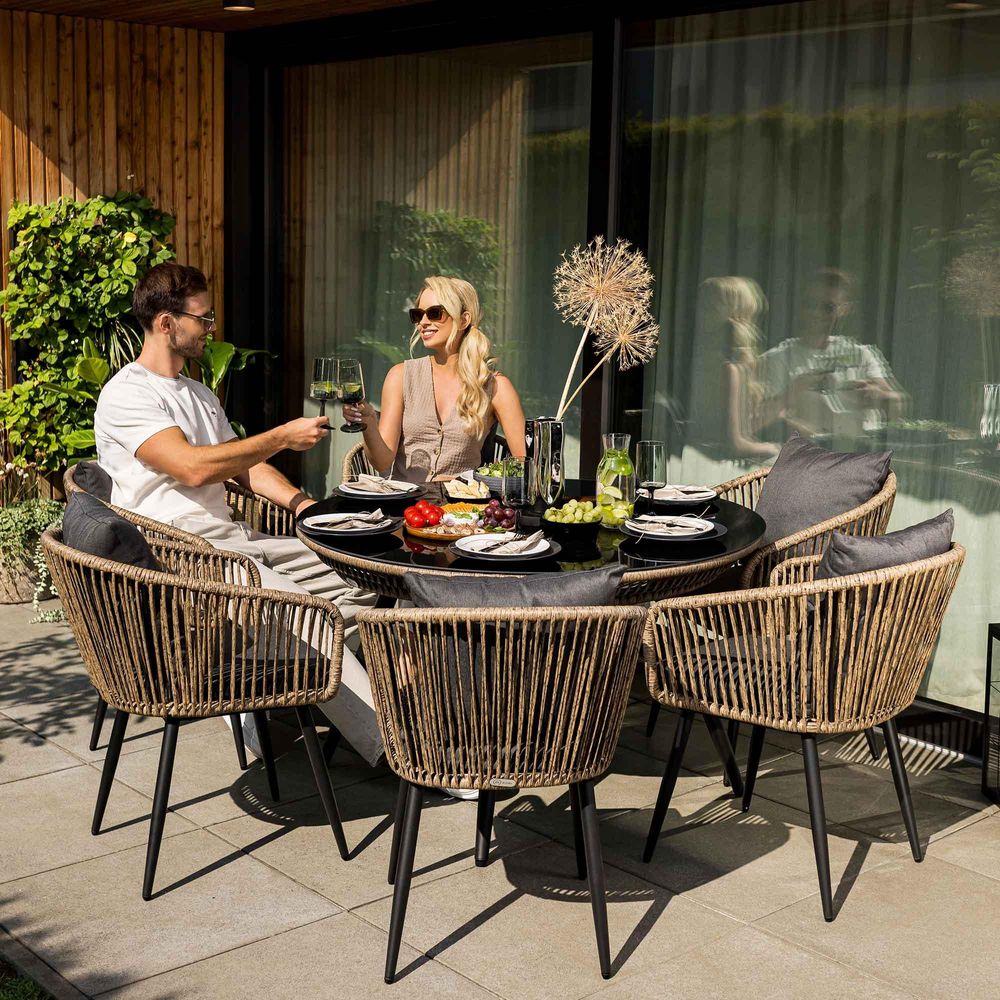 di volio Gartenmöbel-Set RIETI Beige/Grau, Garten Möbel aus Polyrattan und Stahl, Gartenmöbel für 6 Personen - Couchtisch & 6 Stühle