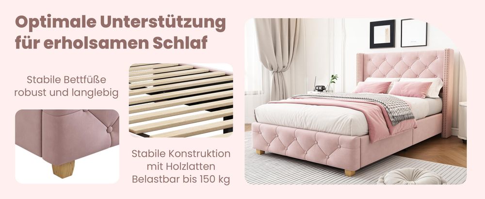 okwish Polsterbett Jugendbett 90×200cm Einzelbett mit Lattenrost und Kopfteil,Knopfpolsterung, Nietenpolsterung,aus Samt, Rosa-ohne Matratze