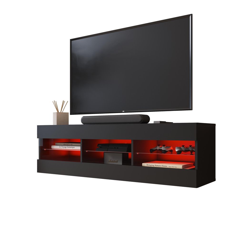 Komodee | Wohnwand Wohnzimmerset Tivoli Grande, Korpus Schwarz Matt Frontfarbe Schwarz Matt, LED RGB