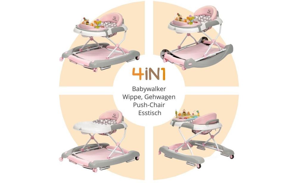 BRONEA® 4-in-1 Gehfrei Baby Lauflernwagen Schaukel Lauflernhilfe Babywalker mit Schaukelfunktion, Licht & Musik | Höhenverstellbar & Klappbar - Rosa