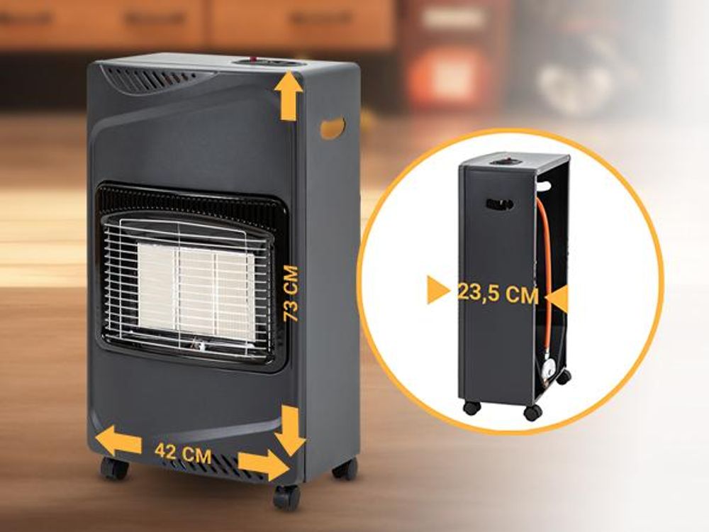 Heidenfeld Gasofen Inferno GH100 | 1400-4200 Watt - Heizstrahler - Transportrollen - 3 Heizstufen - Kippsensor - ODS-System - Piezo-Zündung