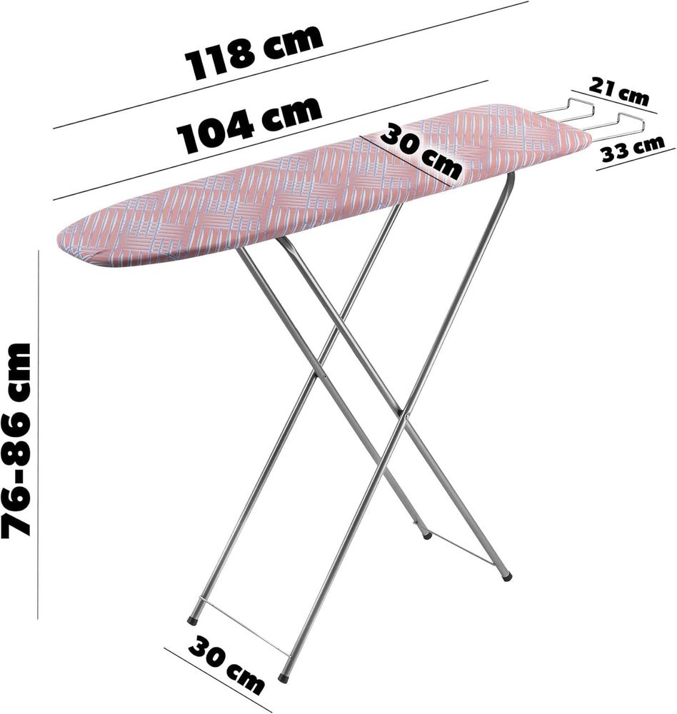 KADAX Bügelbrett mit Fach "Habo", Dampfbügeltisch, 104 cm, rote geometrische Muster