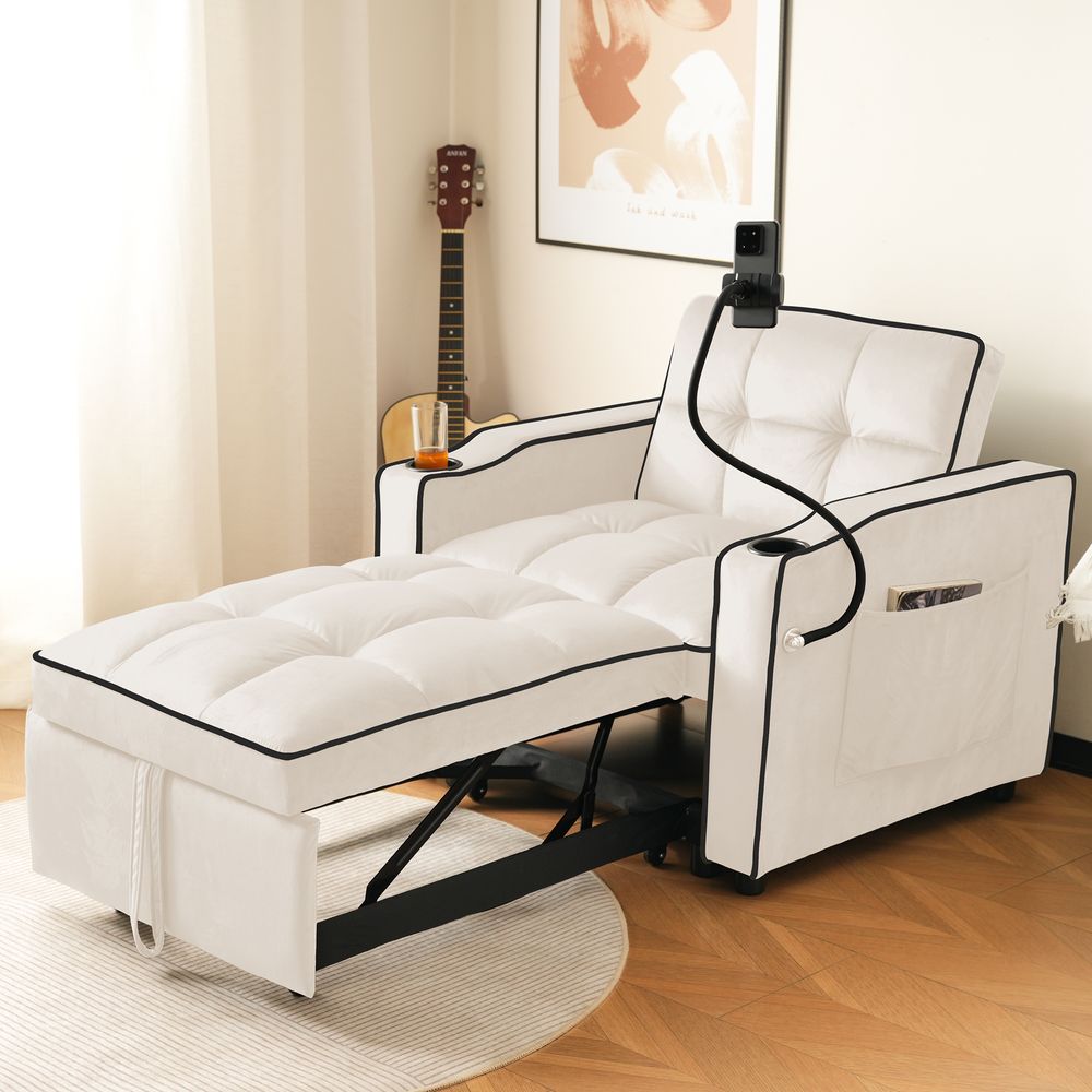 Merax Schlafsofa mit 3-in-1 Bettfunktion Loungesessel mit Getränke- & Handyhalter, Ausziehbares Sofa Liegestuhl, Beige