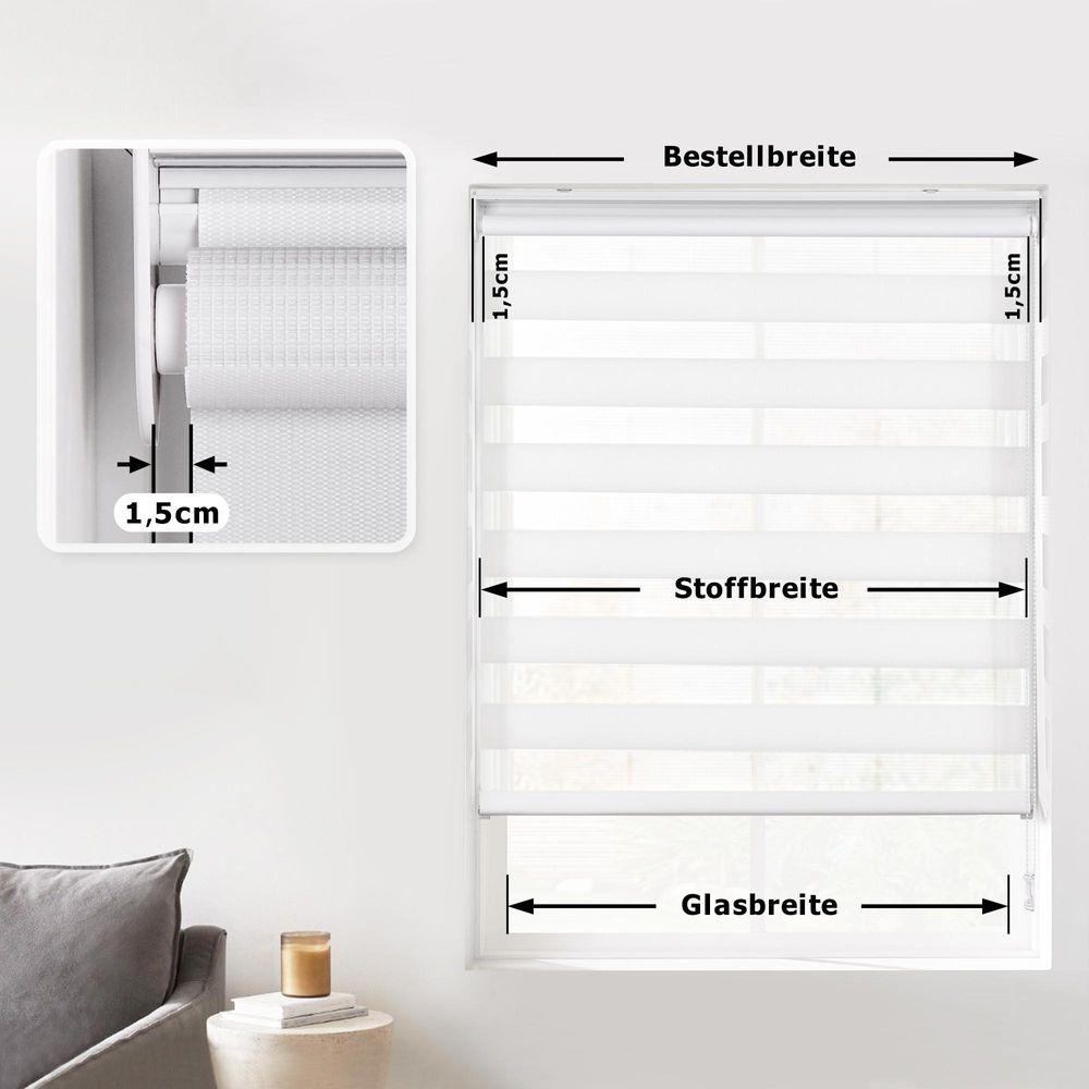 Victoria M. Premium Doppelrollo / Duo Rollo, 160 x 175 cm, weiß Premium Lichtdurchlässig und verdunkelnd mit Kettenzug Wand- o. Deckenmontage