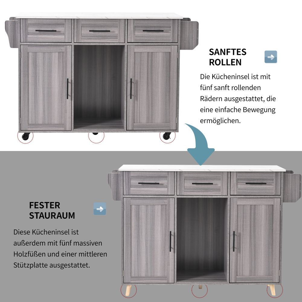 Flieks Servierwagen Kücheninsel Küchenschrank mit 3 Schubladen, Speisewagen mit Erweiterbarer Arbeitsplatte, Kücheinselwagen Küchentrolley, Grau